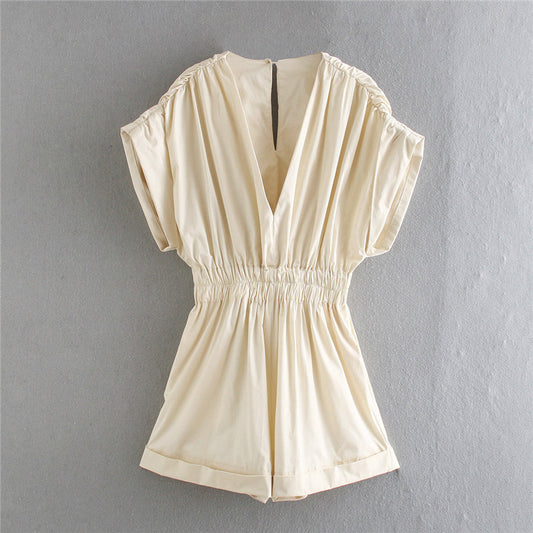 Pleated Jumpsuit Elastic Waist V-neck Shorts
