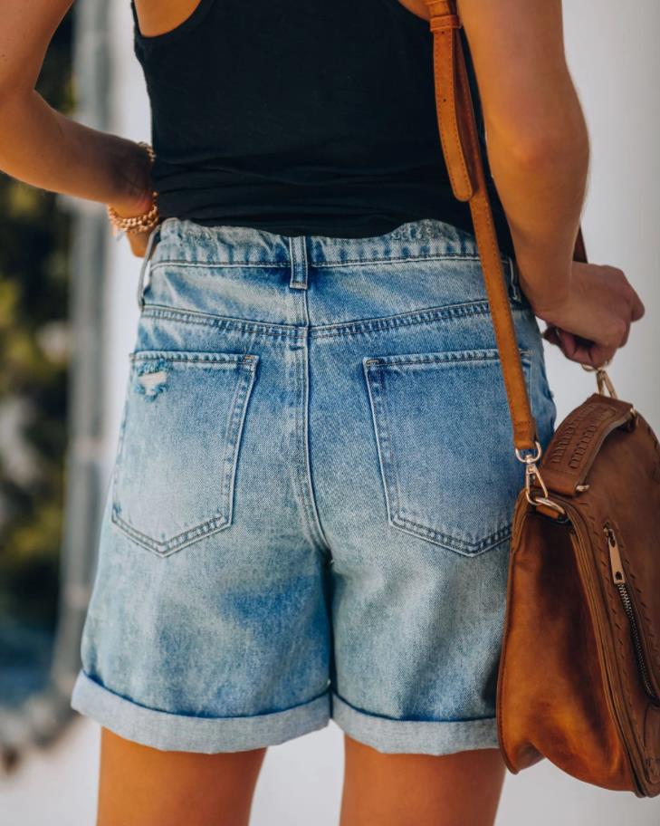 Summer European and American Ladies Denim Ripped Washed Shorts