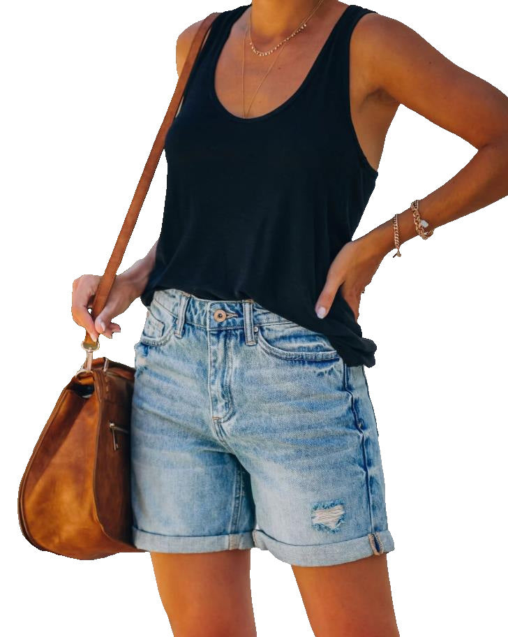 Summer European and American Ladies Denim Ripped Washed Shorts