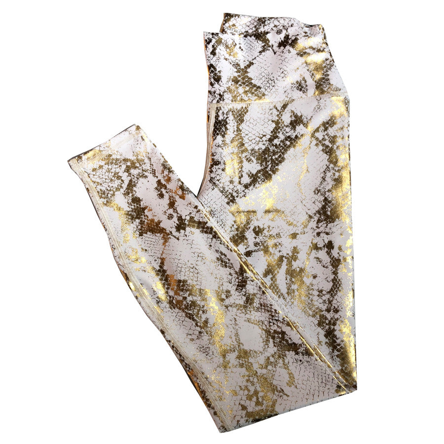 European and American Bronzing Snake Print White Fitness Pants