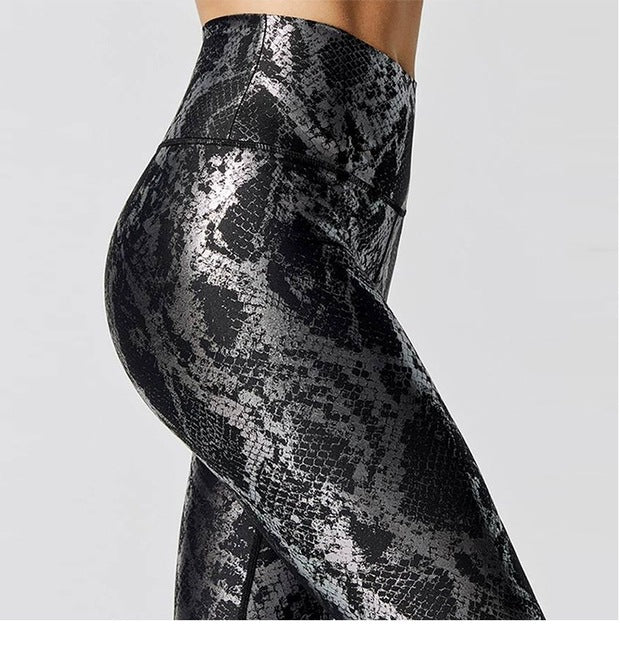 European and American Bronzing Snake Print White Fitness Pants