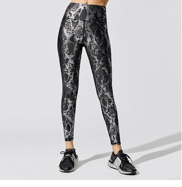 European and American Bronzing Snake Print White Fitness Pants