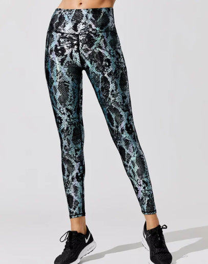 European and American Bronzing Snake Print White Fitness Pants