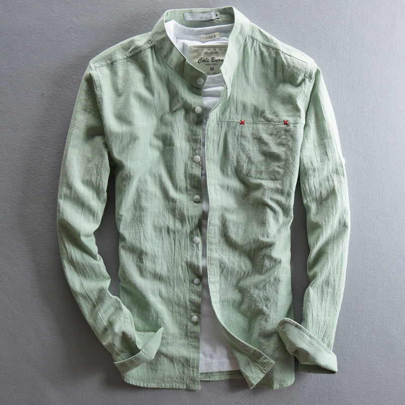 Casual Linen Shirt Men's Long Sleeved Solid Color Retro Stand Collar
