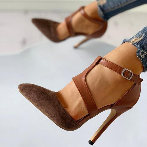 High-Heel Pointed Toe Bag-Heel Hollow Buckle Sandals