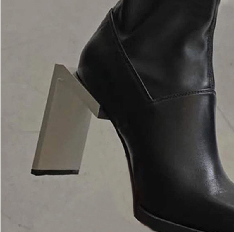 Square Head Square Heel Zipper Net Red High-heeled Thin Boots Functional Wind Short Boots