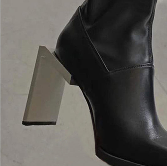 Square Head Square Heel Zipper Net Red High-heeled Thin Boots Functional Wind Short Boots
