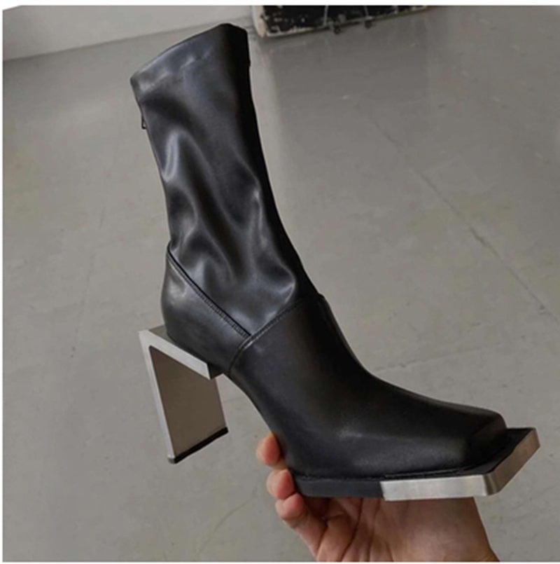 Square Head Square Heel Zipper Net Red High-heeled Thin Boots Functional Wind Short Boots
