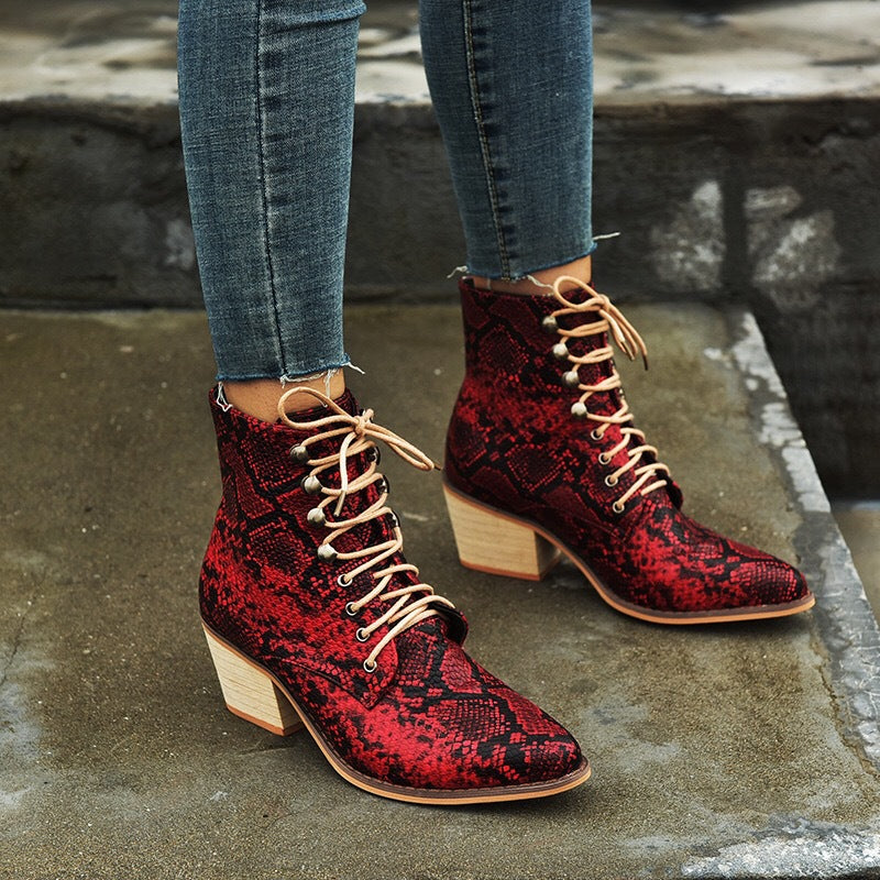 European And American Thick Heel Sexy Snake Print Ladies Short Boots