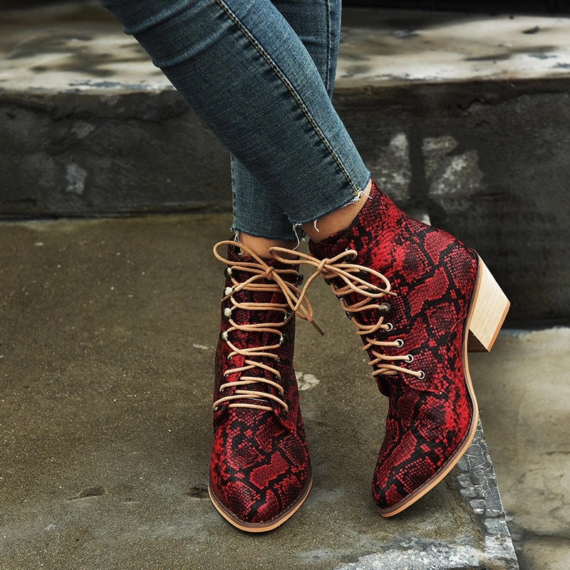 European And American Thick Heel Sexy Snake Print Ladies Short Boots