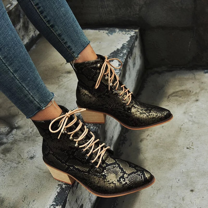 European And American Thick Heel Sexy Snake Print Ladies Short Boots