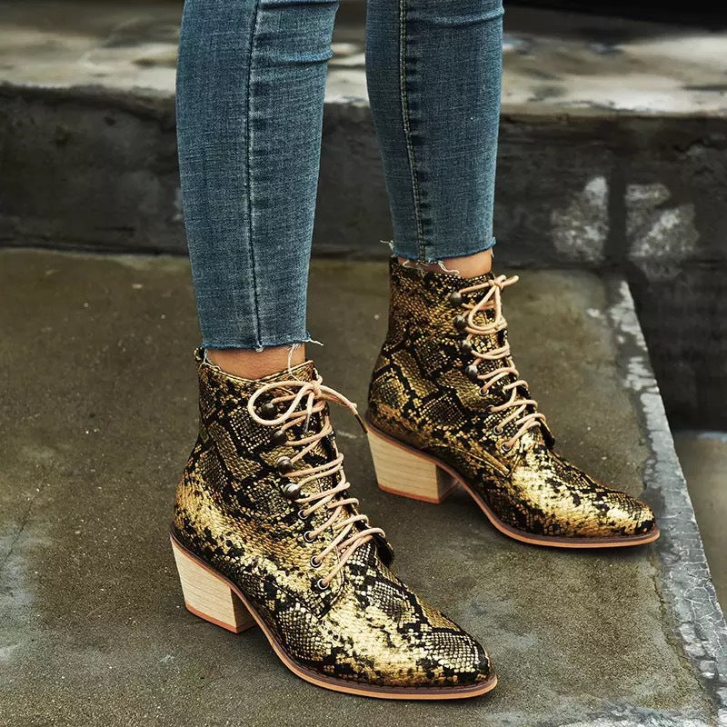European And American Thick Heel Sexy Snake Print Ladies Short Boots