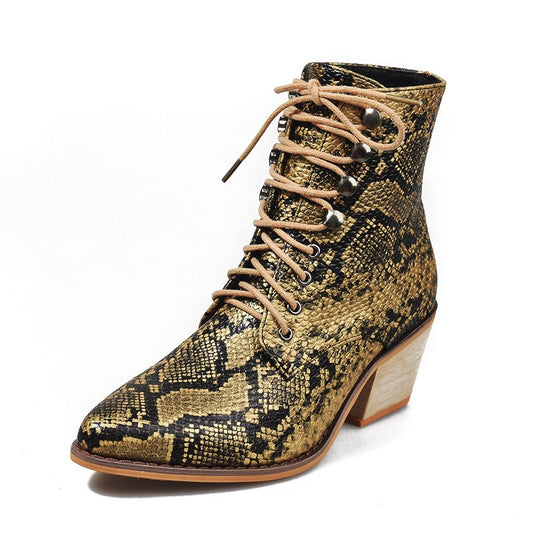 European And American Thick Heel Sexy Snake Print Ladies Short Boots