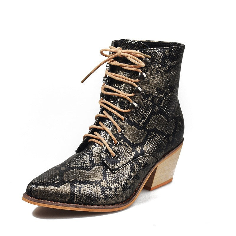 European And American Thick Heel Sexy Snake Print Ladies Short Boots