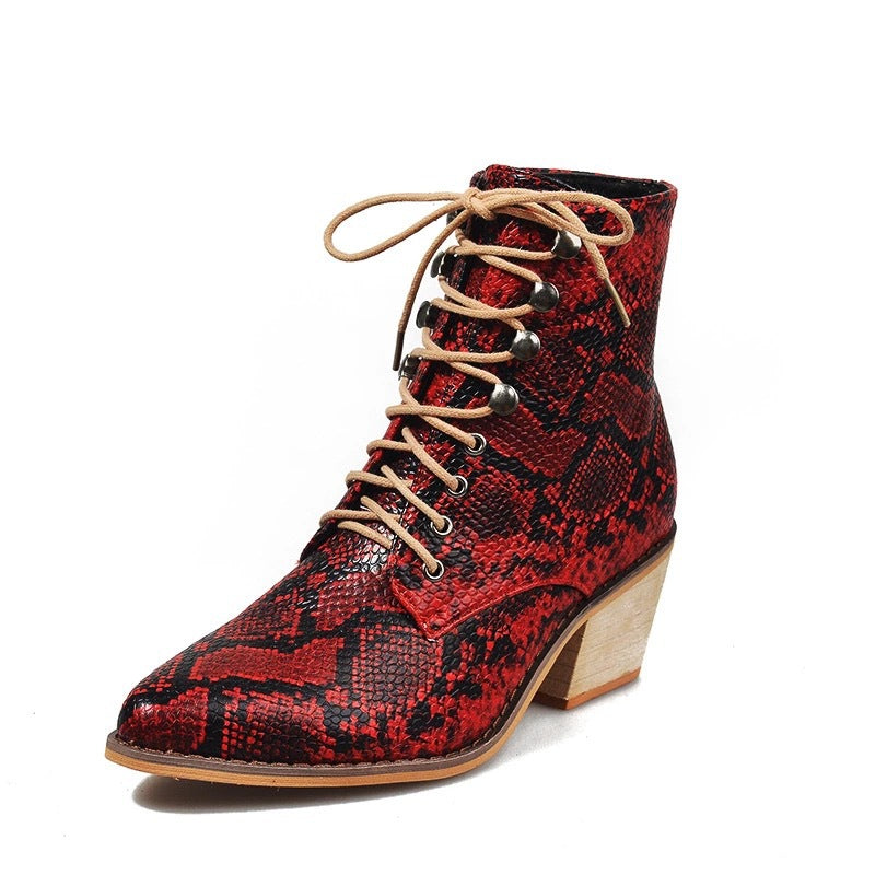 European And American Thick Heel Sexy Snake Print Ladies Short Boots