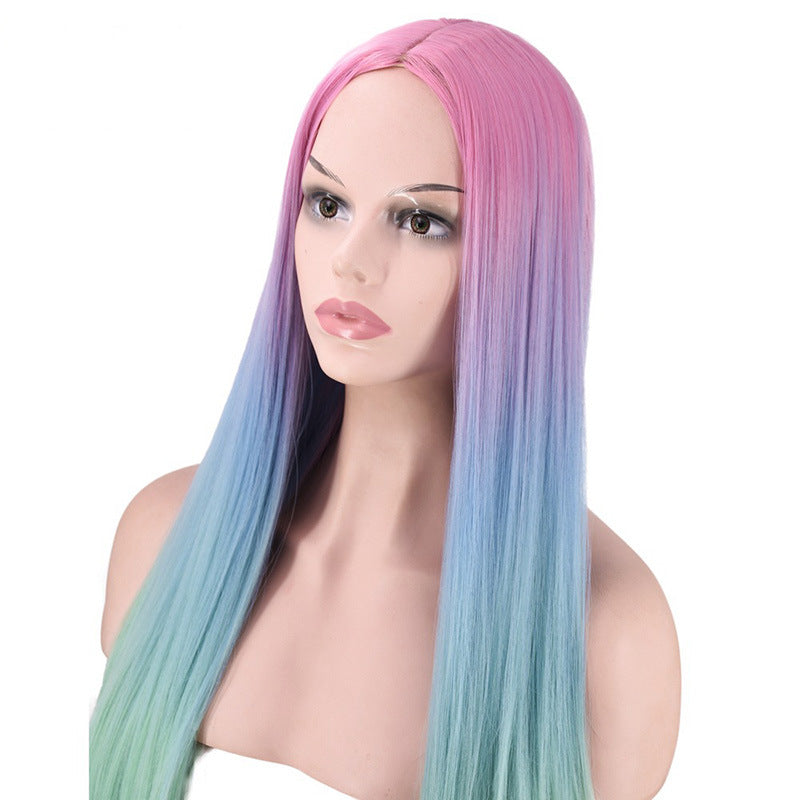 Mid-Section Dyed Wig, Gradient Long Straight Hair