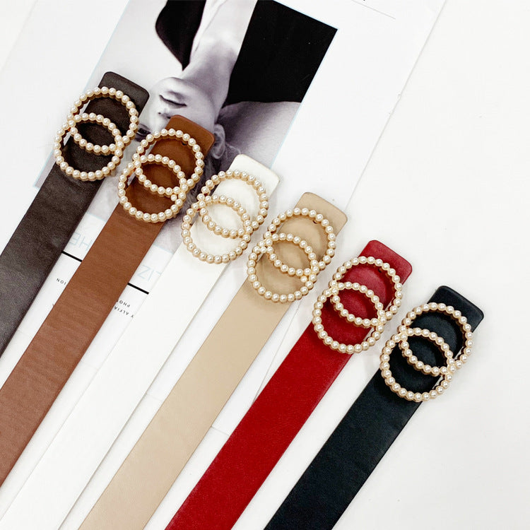 Ladies PU Inlaid Pearl Hanging Buckle Belt
