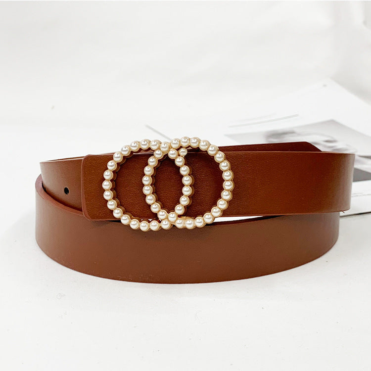 Ladies PU Inlaid Pearl Hanging Buckle Belt