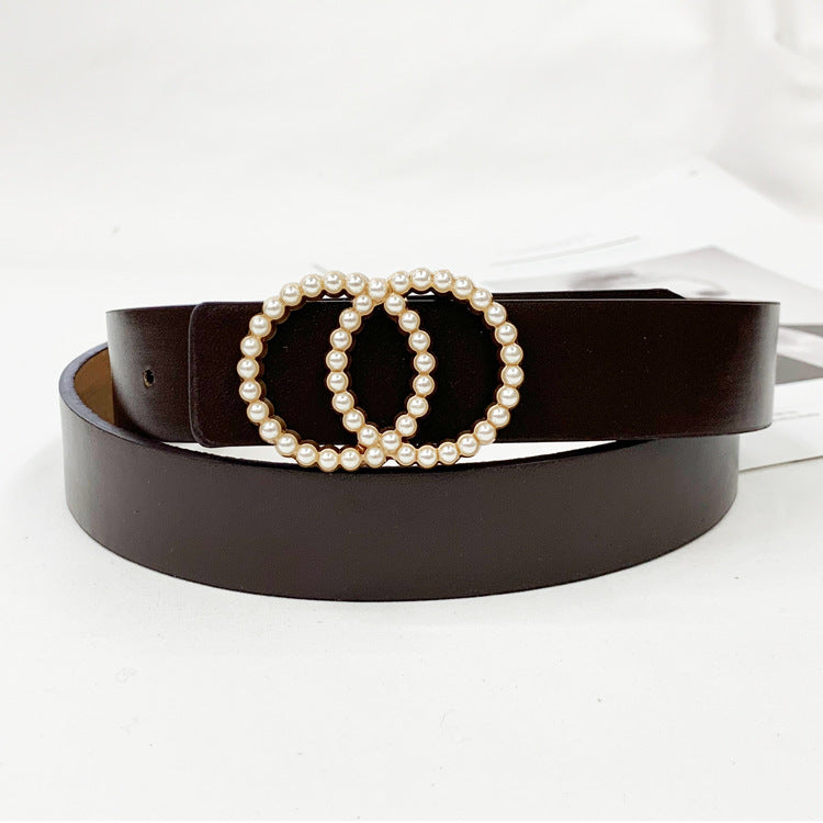 Ladies PU Inlaid Pearl Hanging Buckle Belt