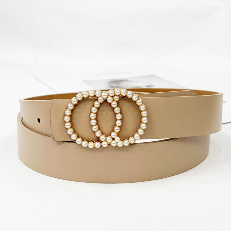 Ladies PU Inlaid Pearl Hanging Buckle Belt