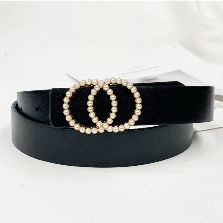 Ladies PU Inlaid Pearl Hanging Buckle Belt