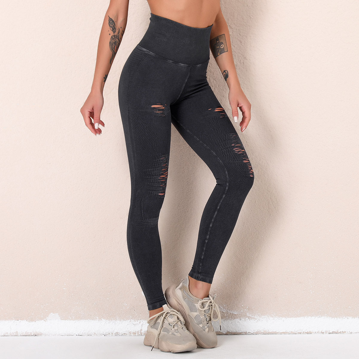 New Style Washed Yoga Pants With Holes And Seamless High-Waisted Sports Cropped Trousers