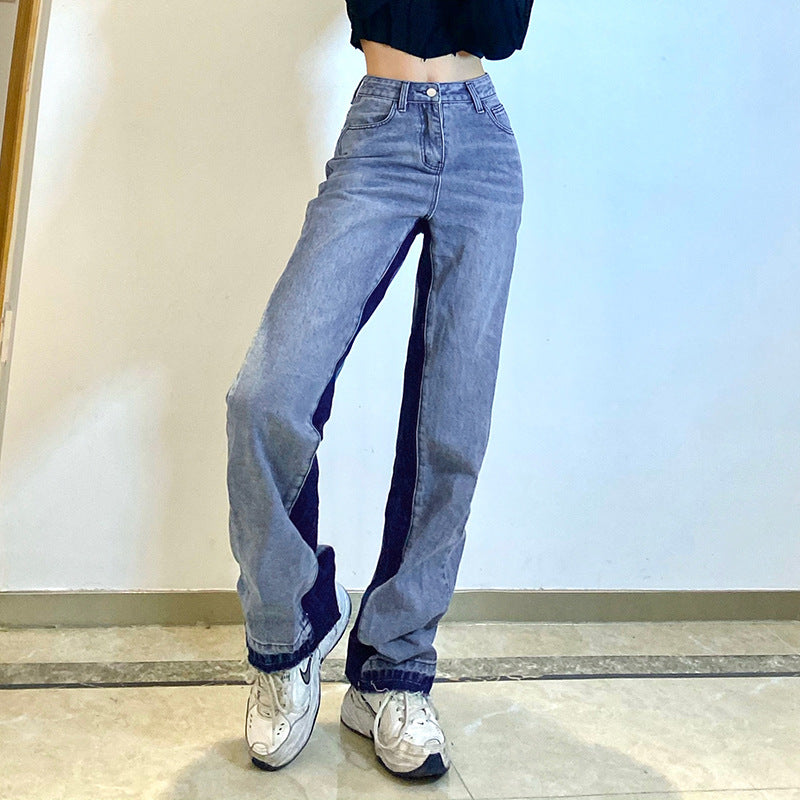 Printed Contrast Stitching High-Rise Straight-Leg Jeans