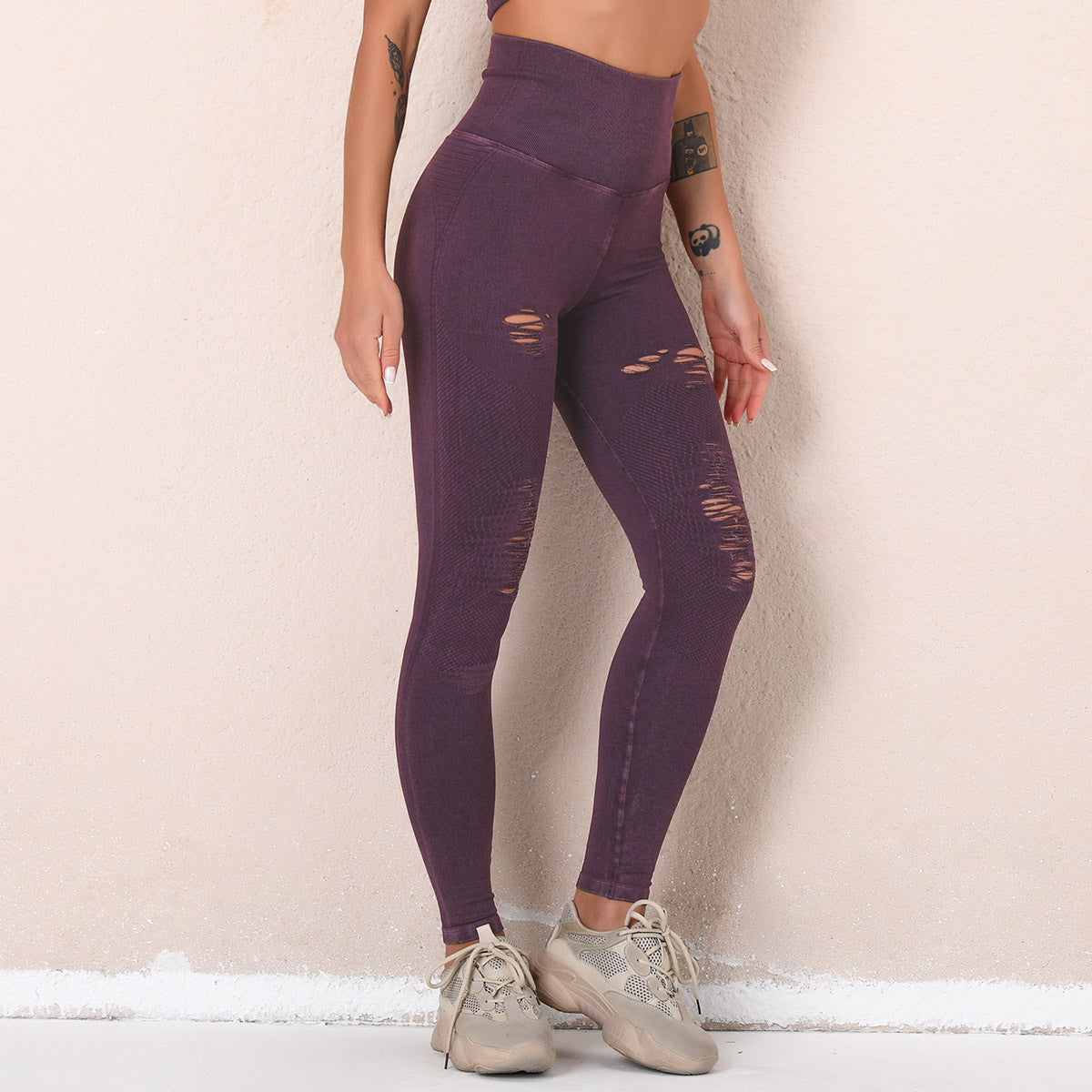 New Style Washed Yoga Pants With Holes And Seamless High-Waisted Sports Cropped Trousers