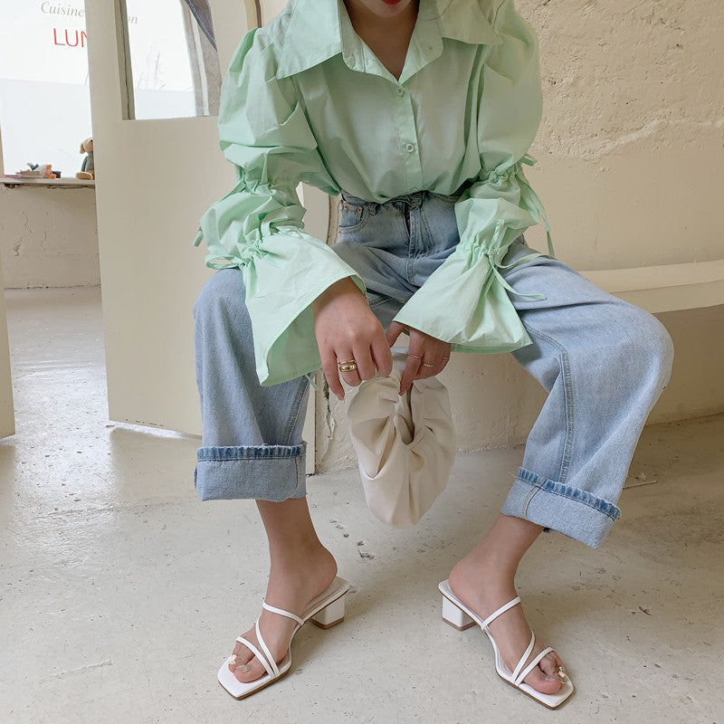 Square Head Thick Heel Sandals And Slippers Hollowed Out Rome