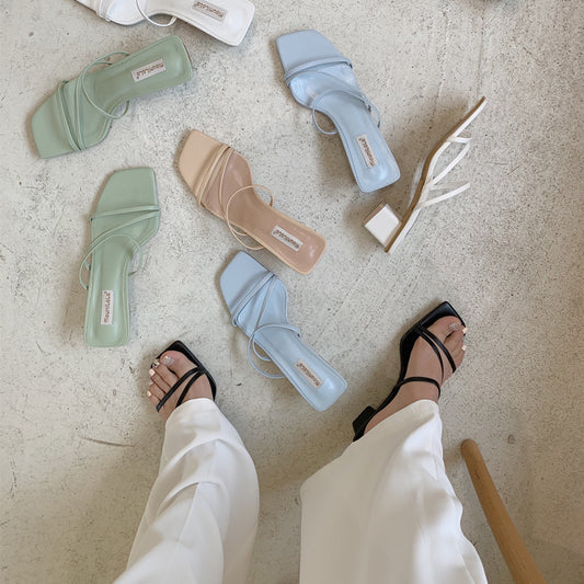Square Head Thick Heel Sandals And Slippers Hollowed Out Rome