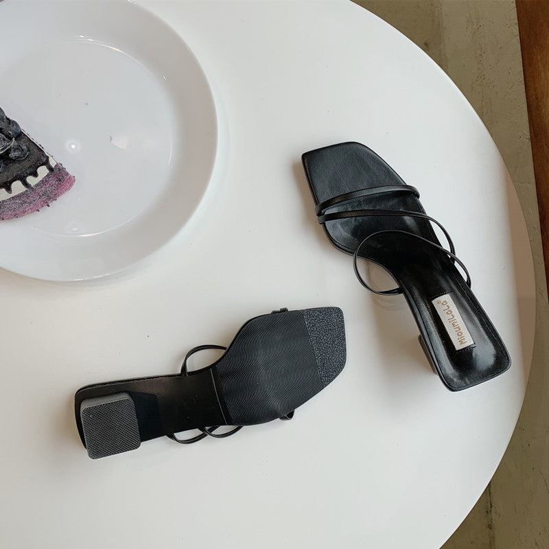 Square Head Thick Heel Sandals And Slippers Hollowed Out Rome