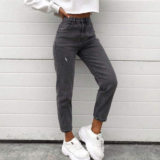 Washed Light-colored Straight-leg Mid-rise Jeans