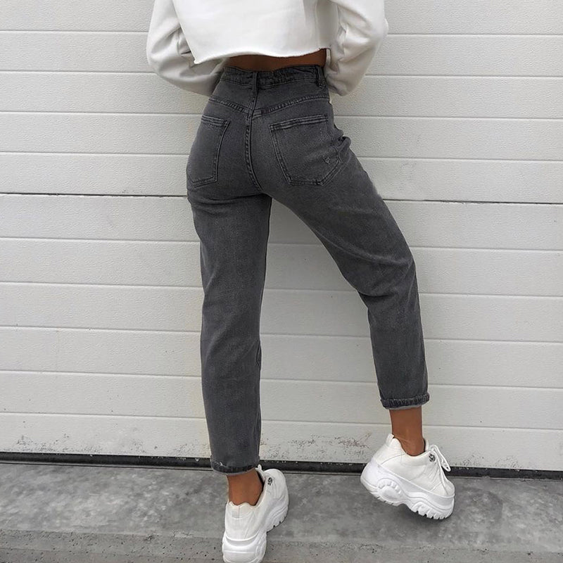Vaskede lyse straight-leg jeans med mellemhøj talje