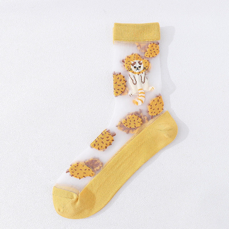 Crystal Glass Silk Sunscreen Ultra-Thin Cartoon Cotton Socks