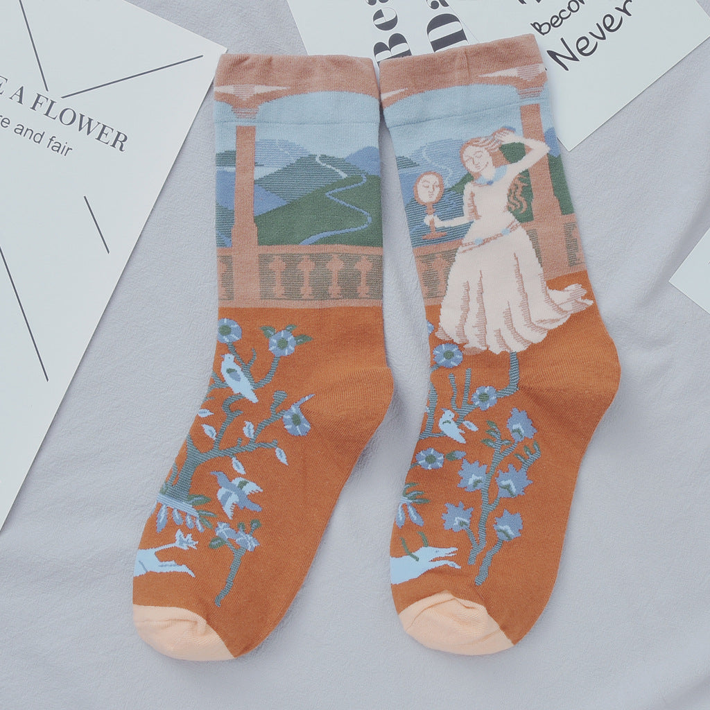 Illustration With Cotton Women's Socks Fashion All Match Women's Socks Abstract
