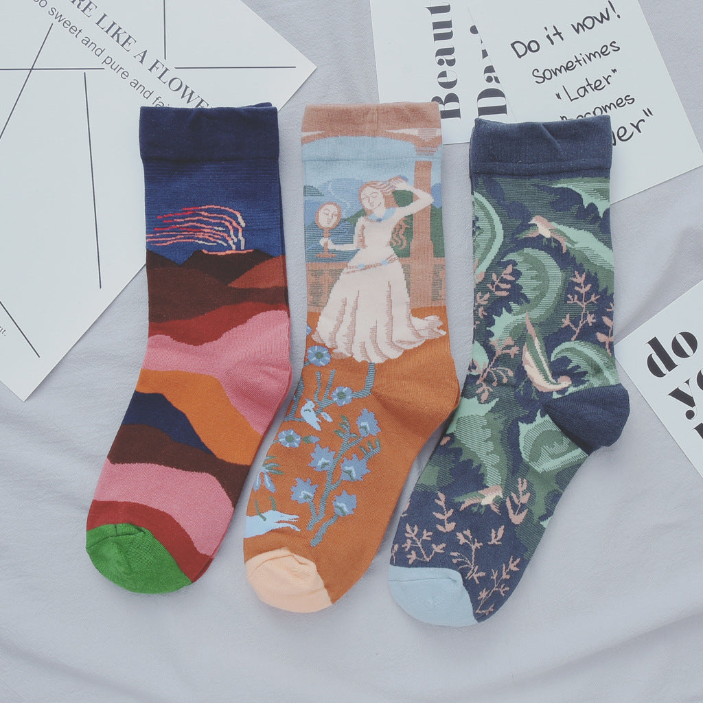 Illustration With Cotton Women's Socks Fashion All Match Women's Socks Abstract