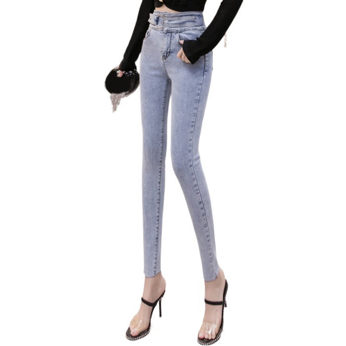Women's High-Waisted Jeans Slim And Thin All-Match Elastic Nine-Point Pencil Pants With Small Feet