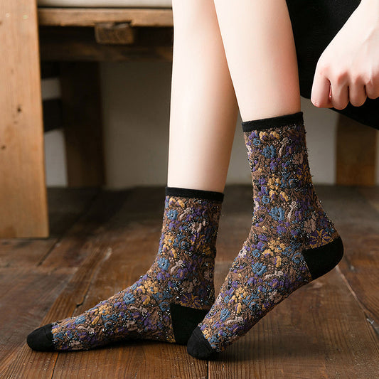 Socks Women's Tube Retro Small Floral Honeysuckle Fashion Cotton Socks