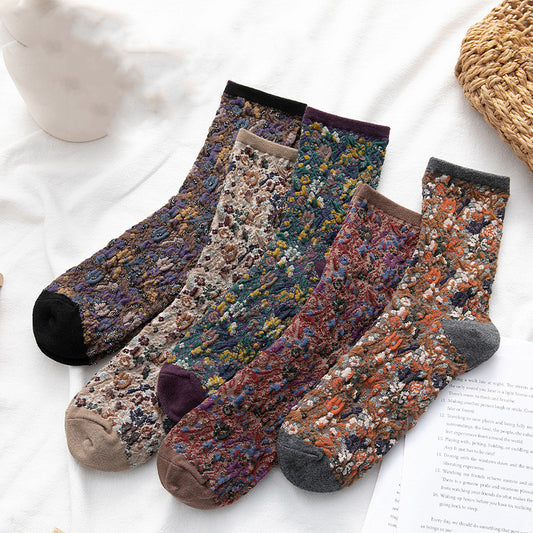 Socks Women's Tube Retro Small Floral Honeysuckle Fashion Cotton Socks