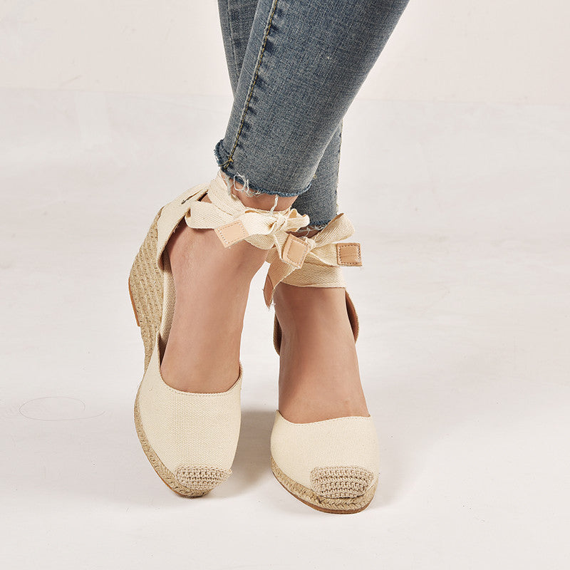 Foreign Trade Hemp Rope Slope With Light-Soled Lace-Up Ladies Sandals
