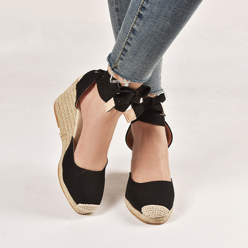 Foreign Trade Hemp Rope Slope With Light-Soled Lace-Up Ladies Sandals