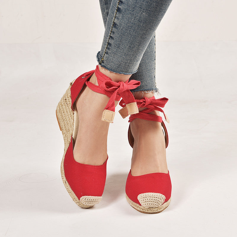 Foreign Trade Hemp Rope Slope With Light-Soled Lace-Up Ladies Sandals