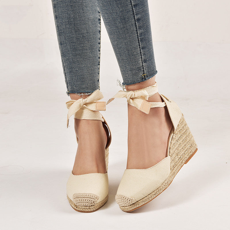 Foreign Trade Hemp Rope Slope With Light-Soled Lace-Up Ladies Sandals