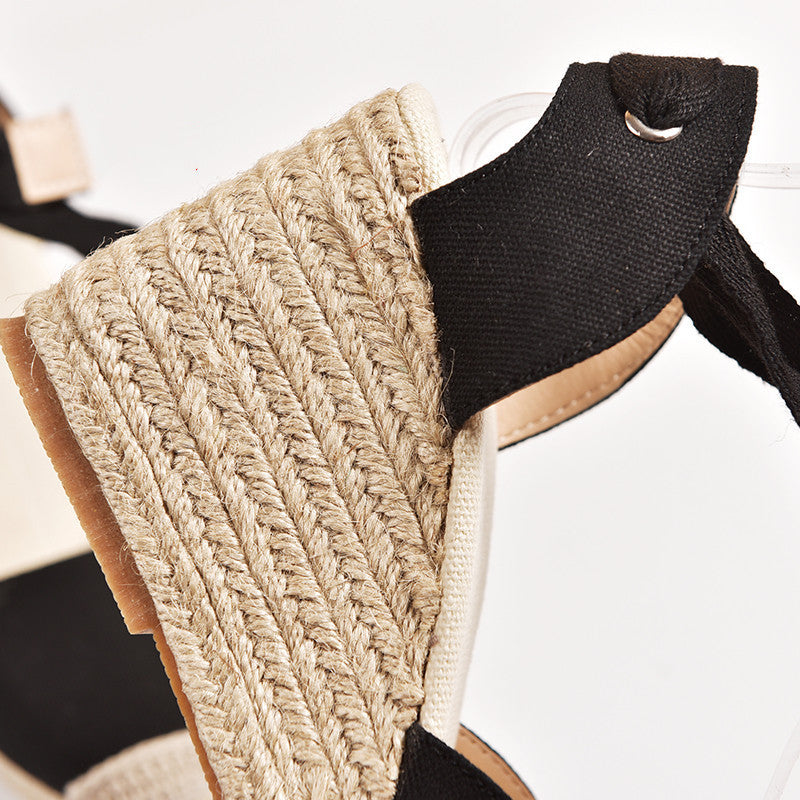 Foreign Trade Hemp Rope Slope With Light-Soled Lace-Up Ladies Sandals