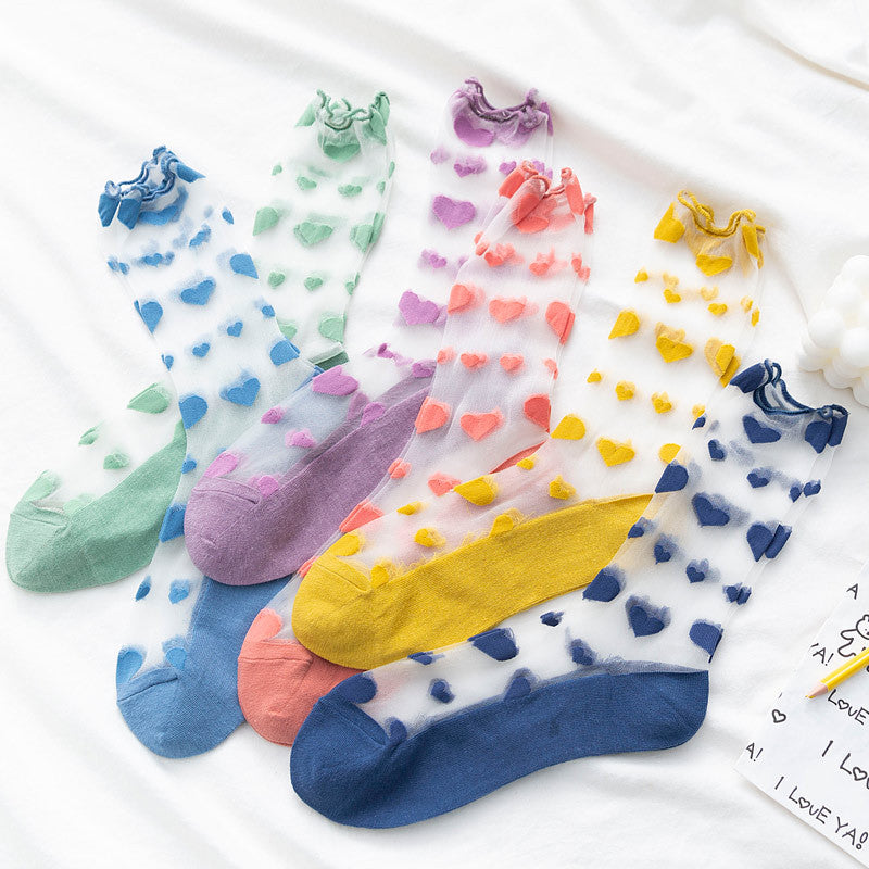 Love Socks Female Middle Tube Transparent Korean Glass Silk Ins Tide Crystal Socks
