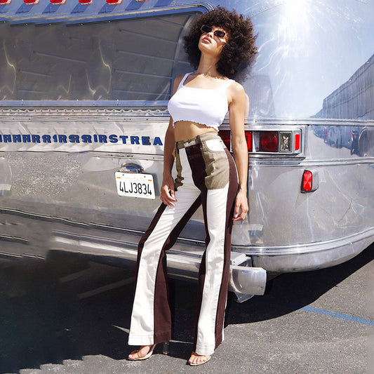 La-shaped Personality Stitching Jeans Slim Trousers