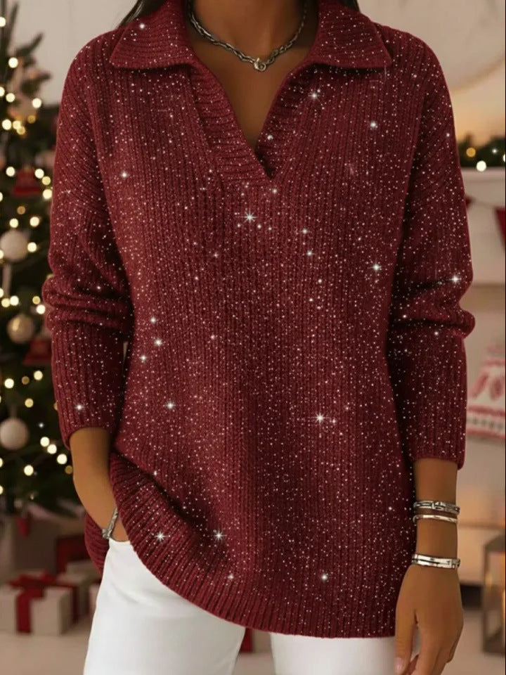 Ny Ensfarvet Langærmet Top Glitrende Sweater