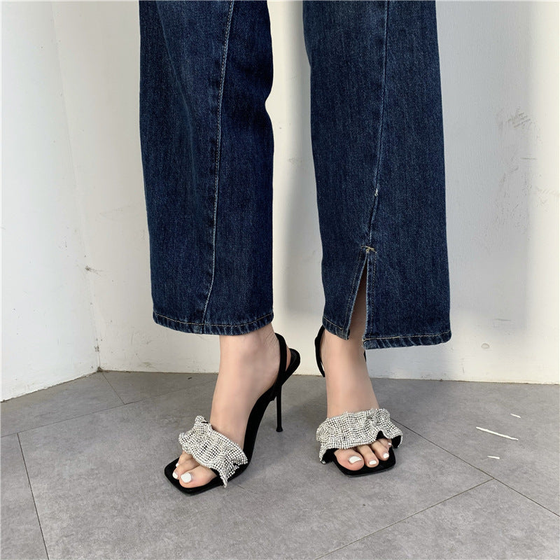 High-Heeled Suede Sandals With Square Toe Rhinestones