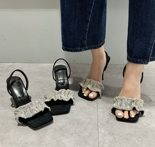 High-Heeled Suede Sandals With Square Toe Rhinestones