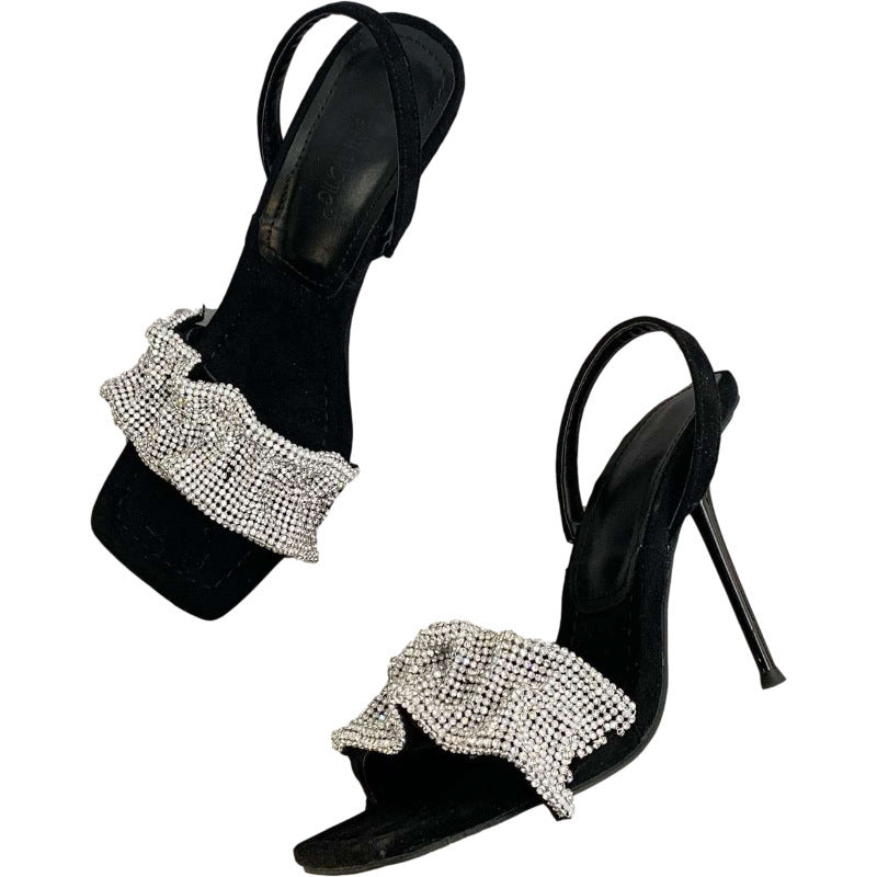 High-Heeled Suede Sandals With Square Toe Rhinestones